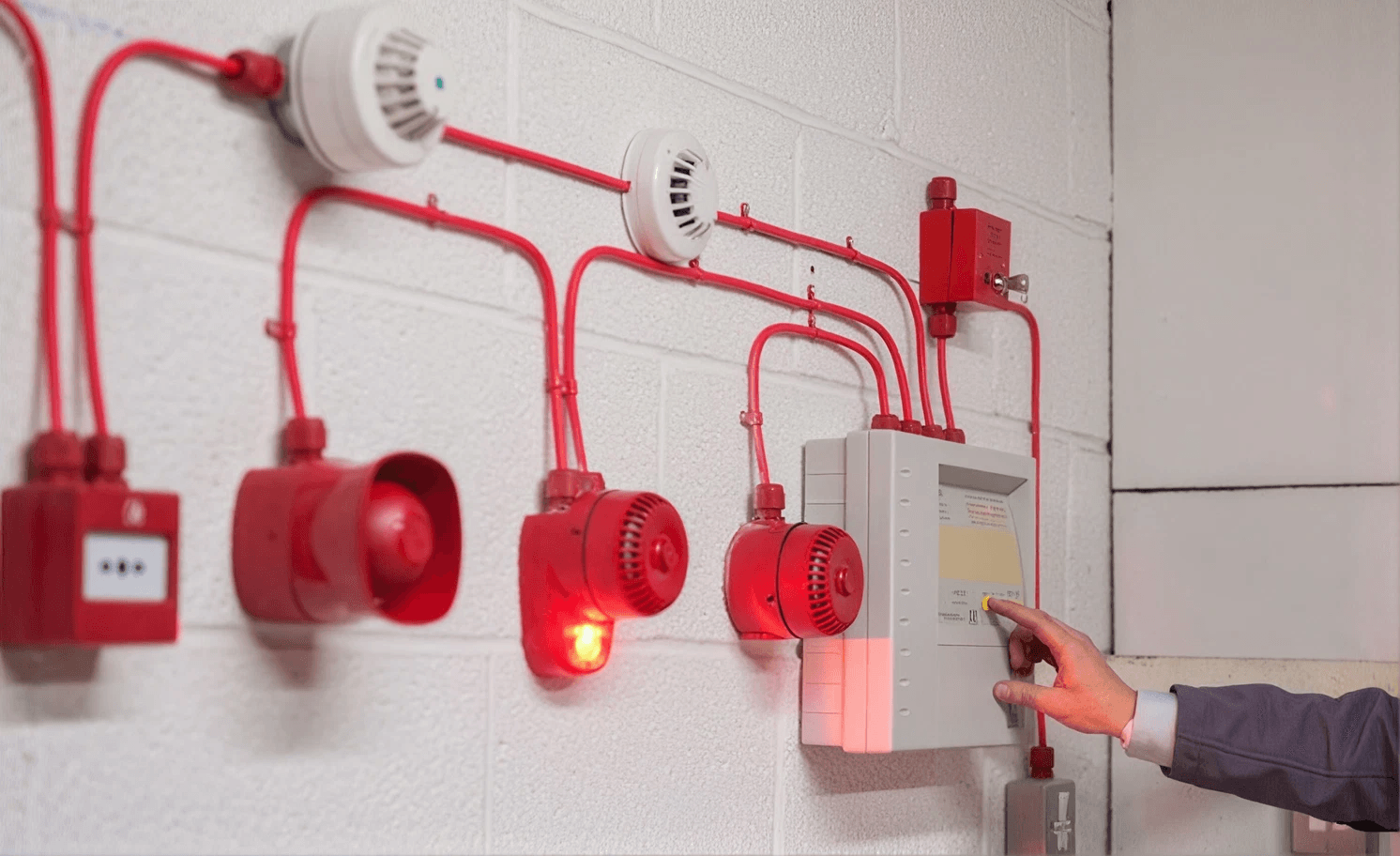 Technician operating a wall-mounted fire safety control panel